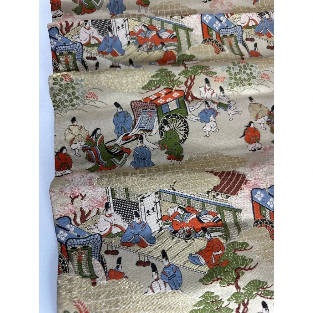 Vintage Japanese Silk Brocade‎ Table Runner Gold Metallic Court Scene B-8